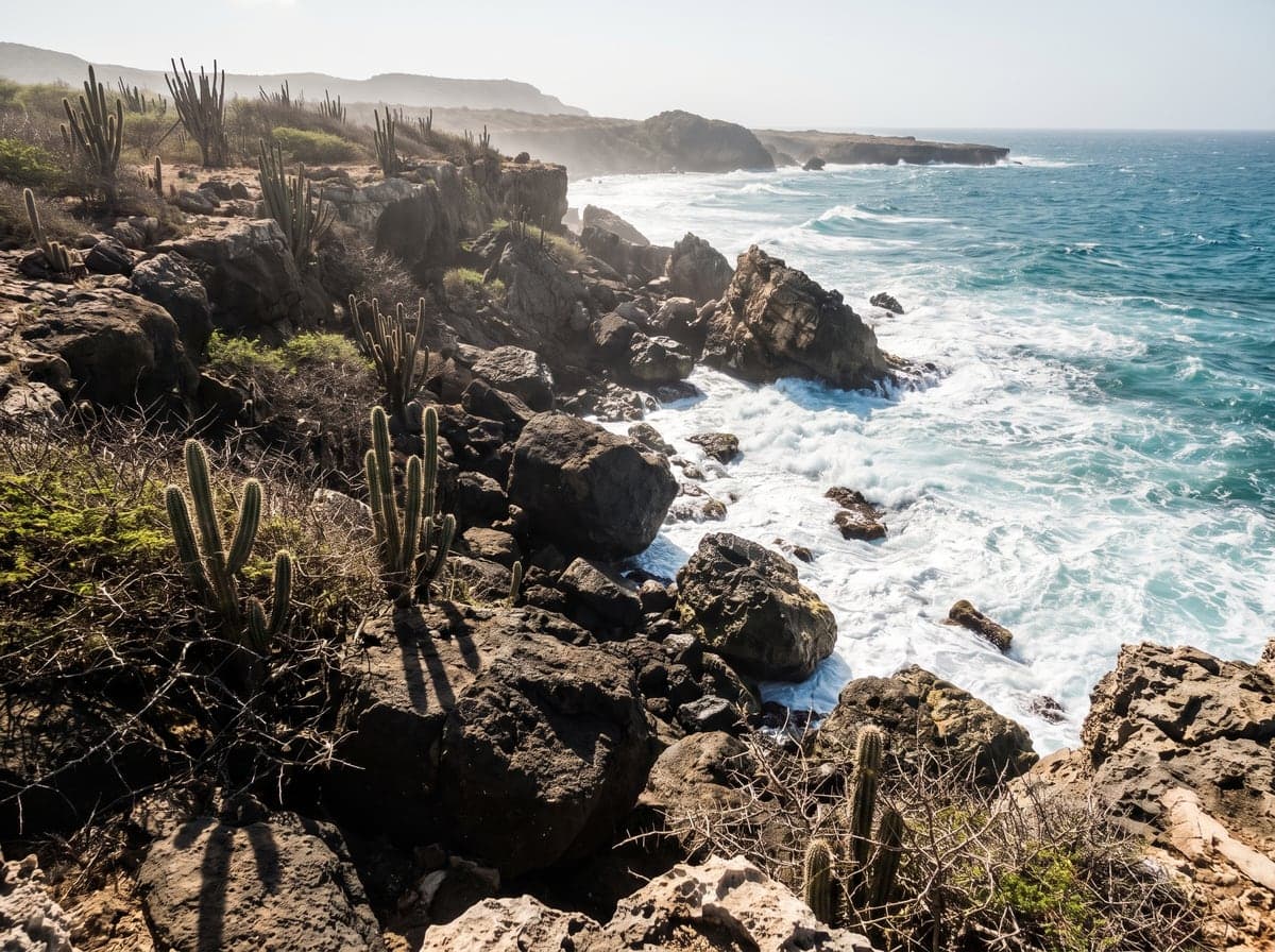 Rocky desert coastline and cactus in Arikok National Park, Aruba