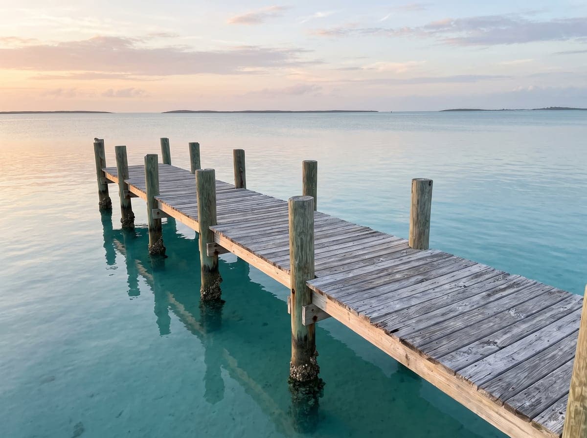 Wooden dock stretching into calm Bahamian water