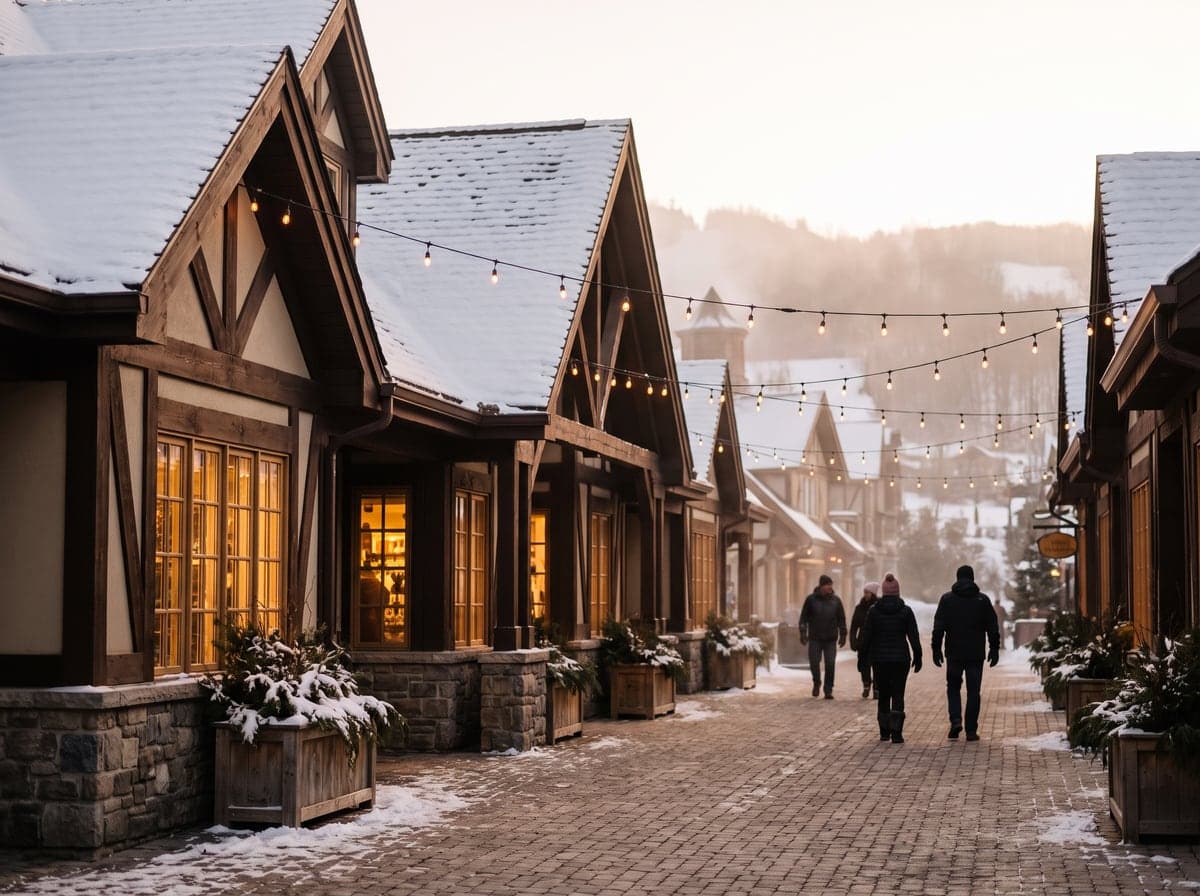 Alpine village pedestrian street in Ontario ski country