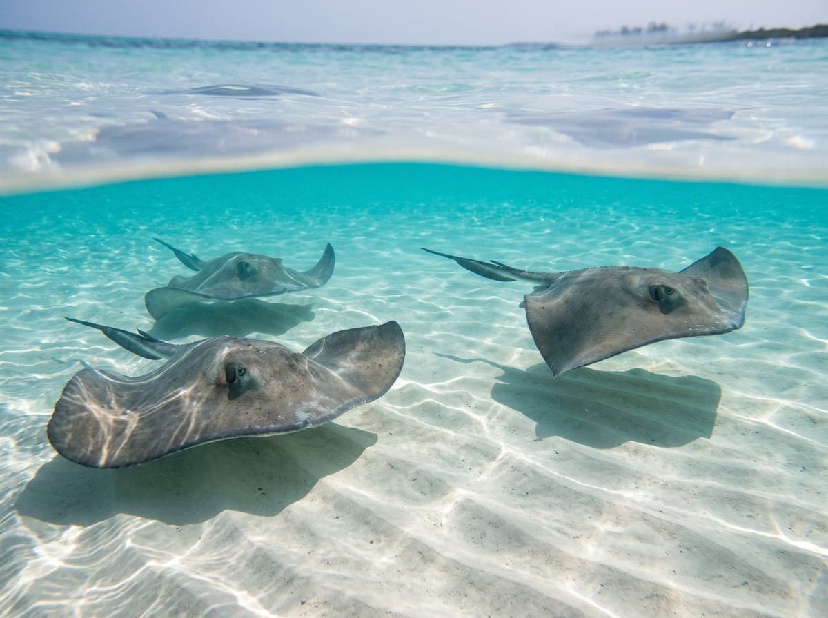 Southern stingrays in the shallow sandbar at Stingray City, Grand Cayman