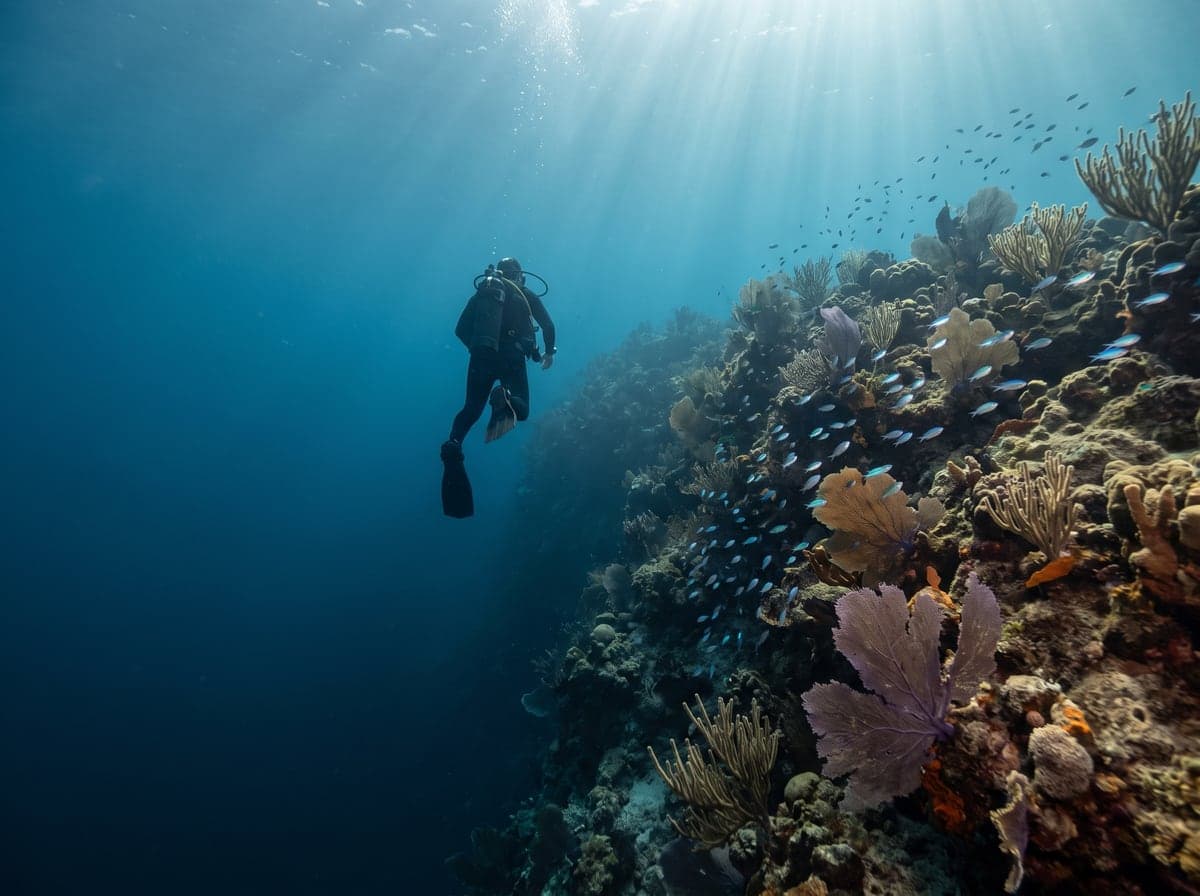 Diver above a coral wall in the Cayman Islands