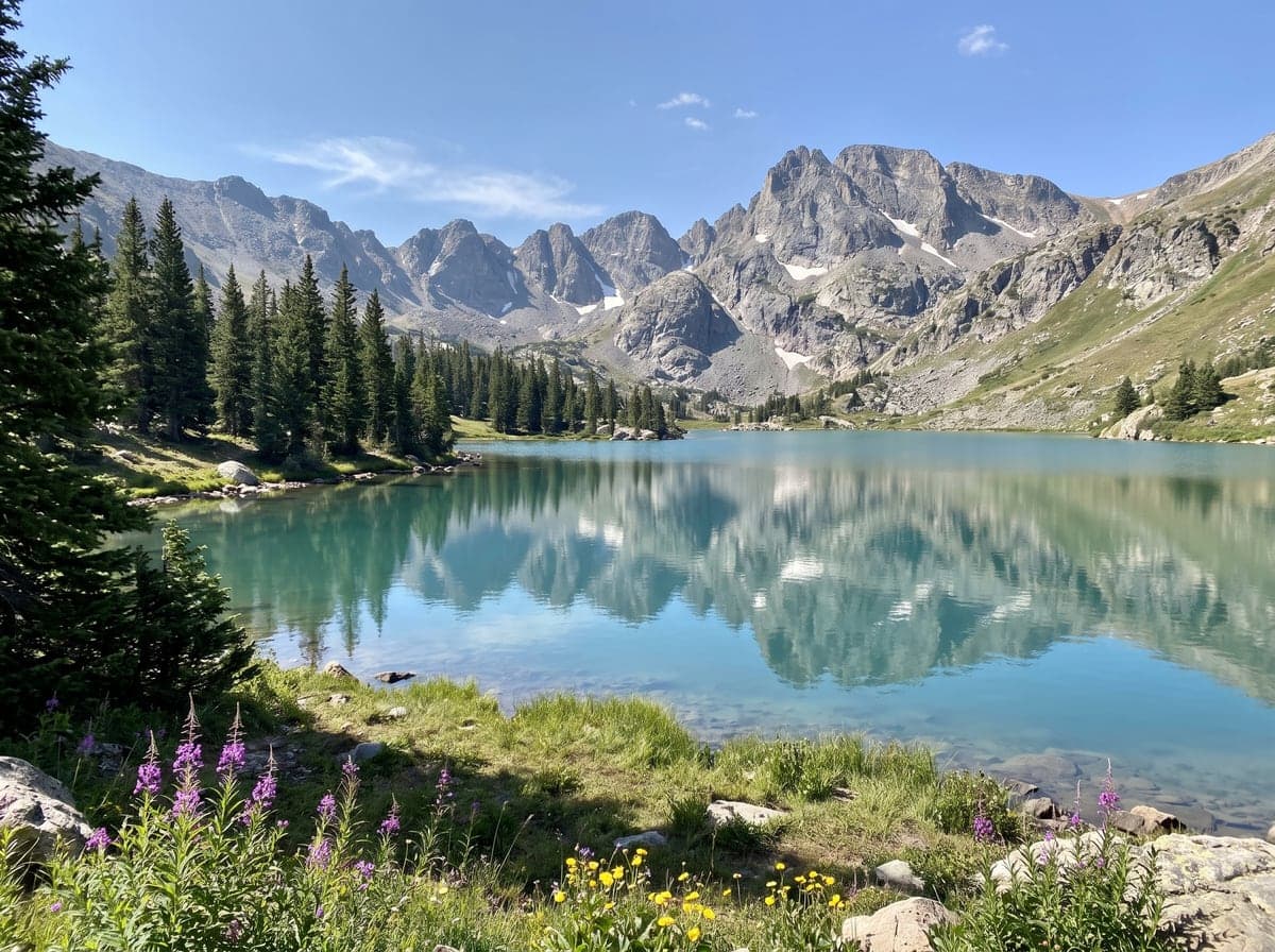 Alpine lake and Rocky Mountain peaks in Colorado