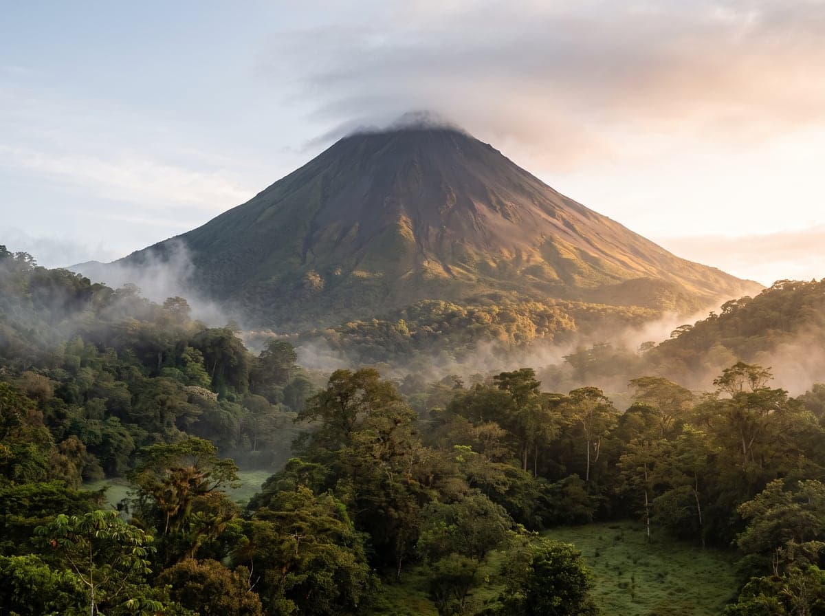 Arenal Volcano rising behind rainforest in Costa Rica