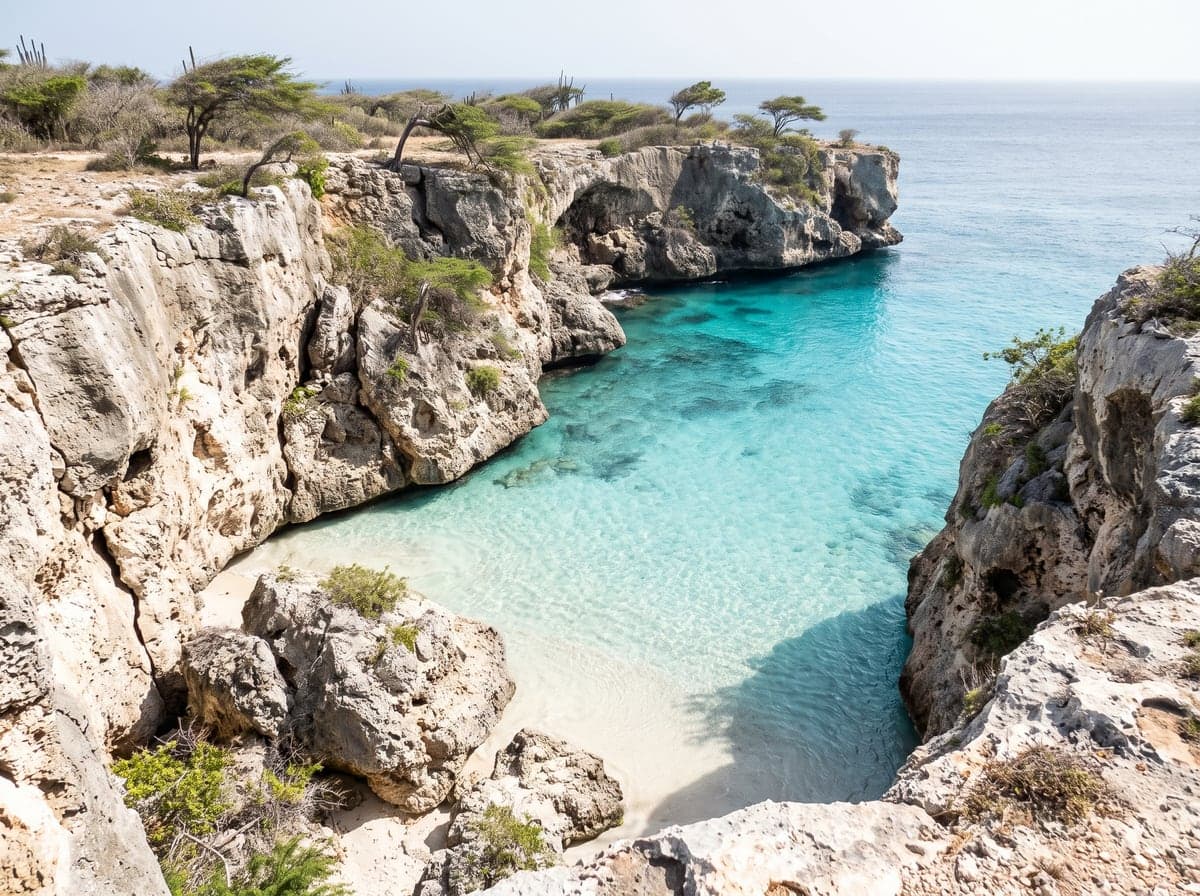 Clear turquoise cove between limestone cliffs in Curacao