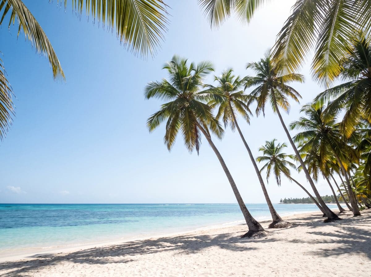 Palm trees leaning over white sand at Punta Cana, Dominican Republic
