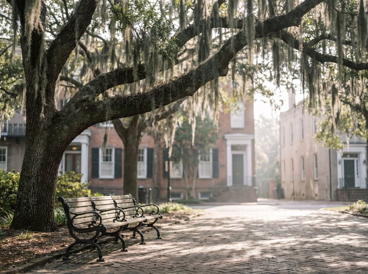 Spanish moss over a historic square in Savannah, Georgia