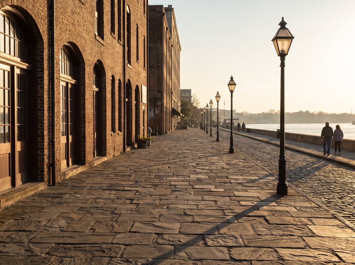 Riverfront cobblestone street in Savannah, Georgia