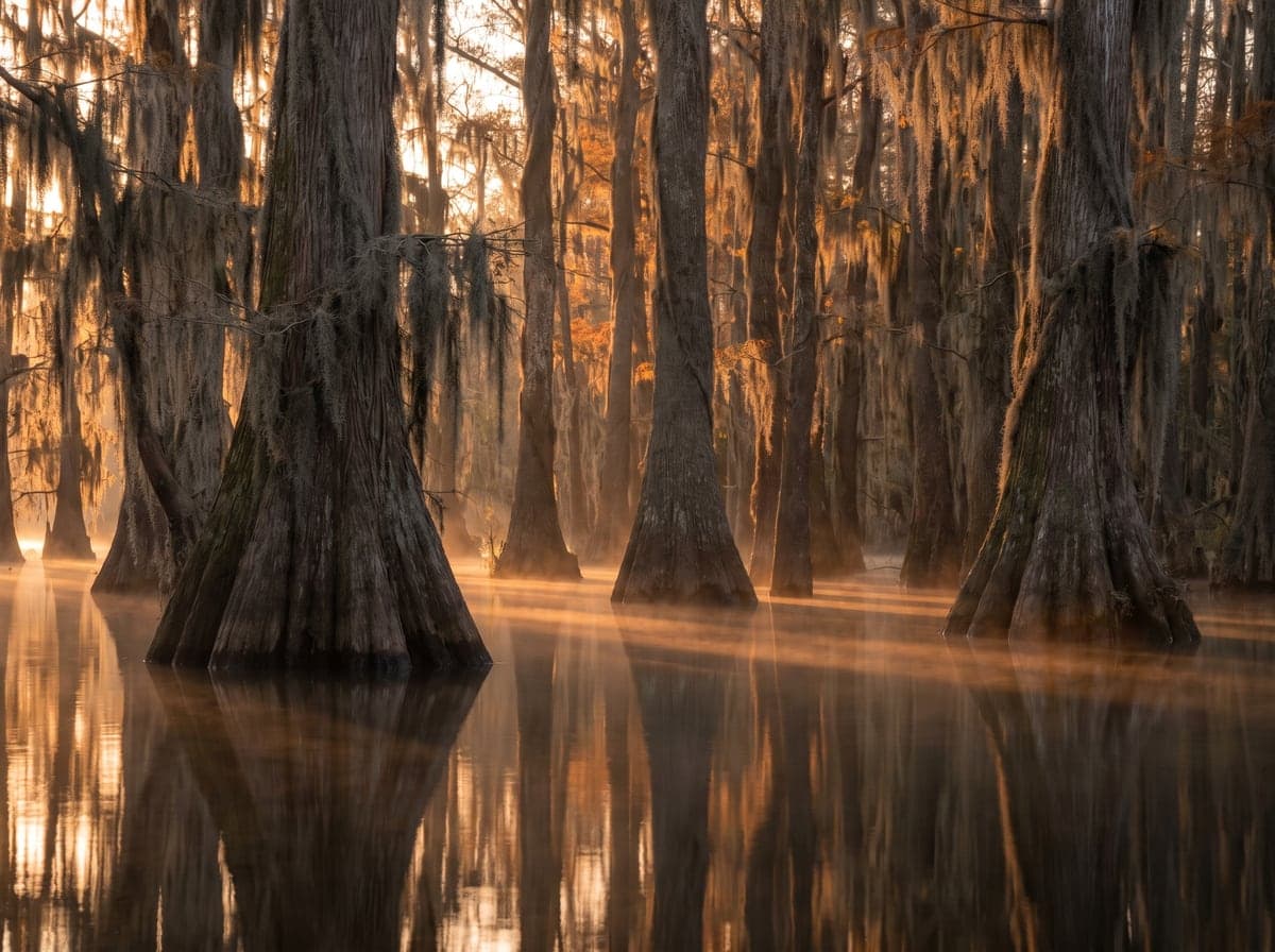 Cypress trees in a Louisiana bayou at golden hour