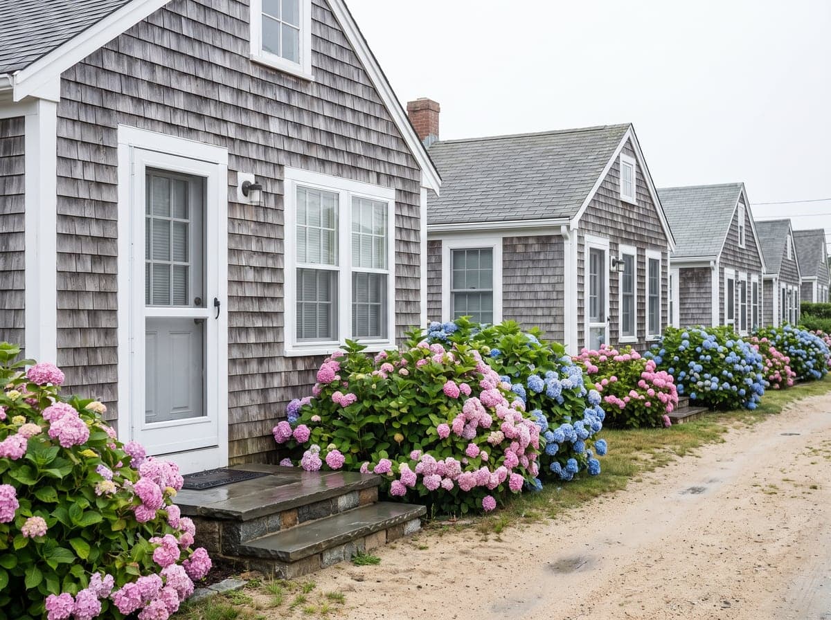 Weathered shingle cottages and hydrangeas on Cape Cod, Massachusetts