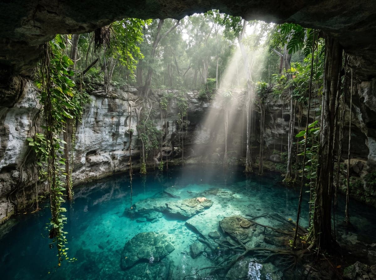 Turquoise cenote swimming hole in the Yucatan jungle, Mexico
