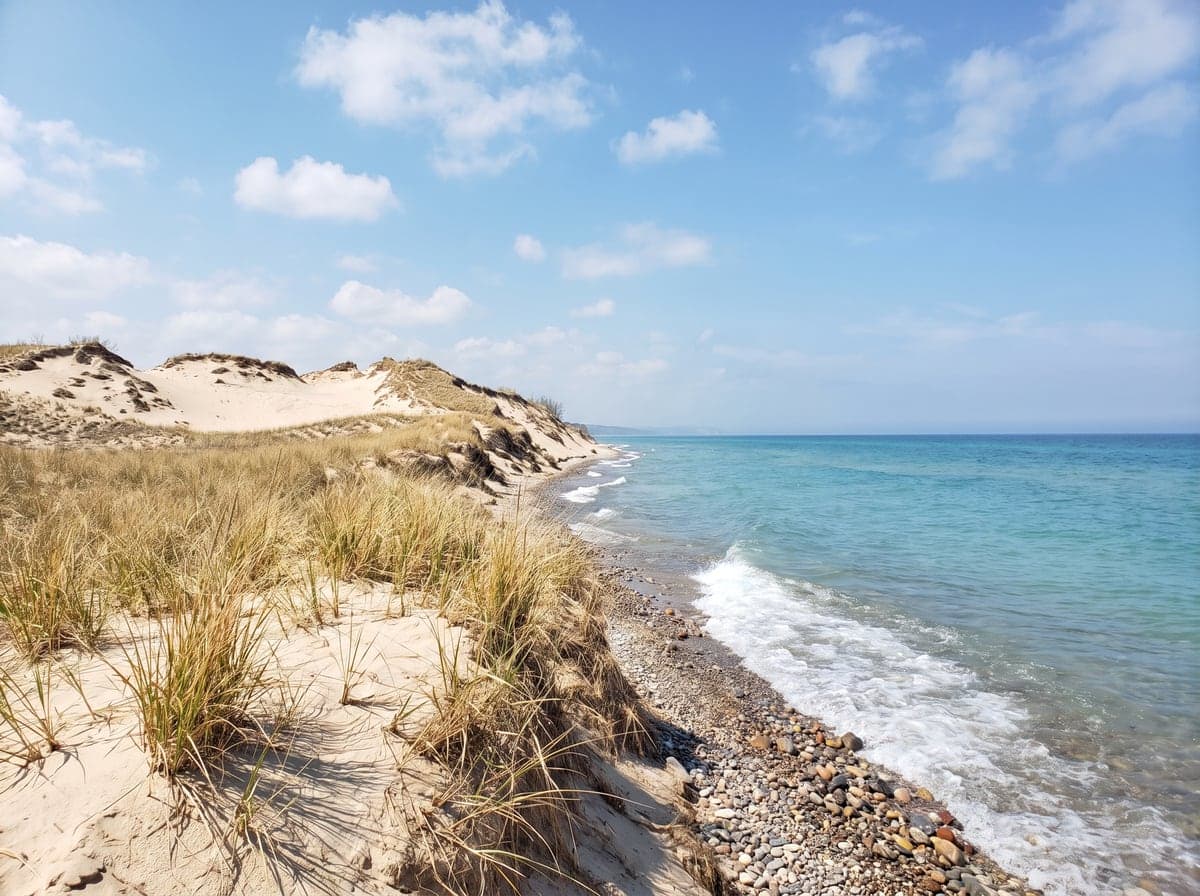 Lake Michigan shoreline with dunes in northern Michigan