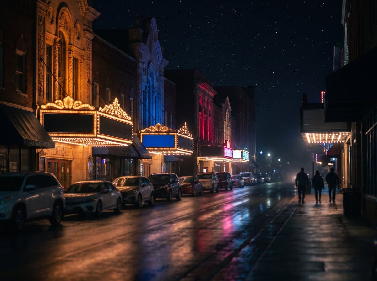 Theater marquees along the Branson strip at night, Missouri