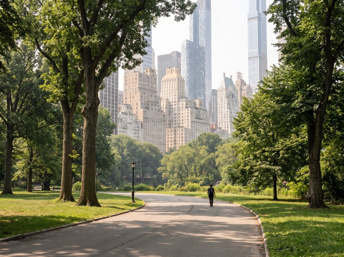 Central Park path with skyscrapers behind it, New York City