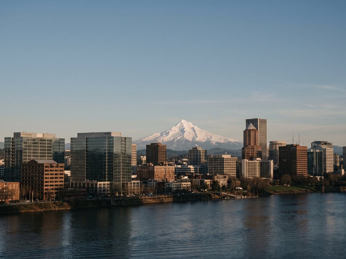 Mount Hood above the Portland skyline, Oregon