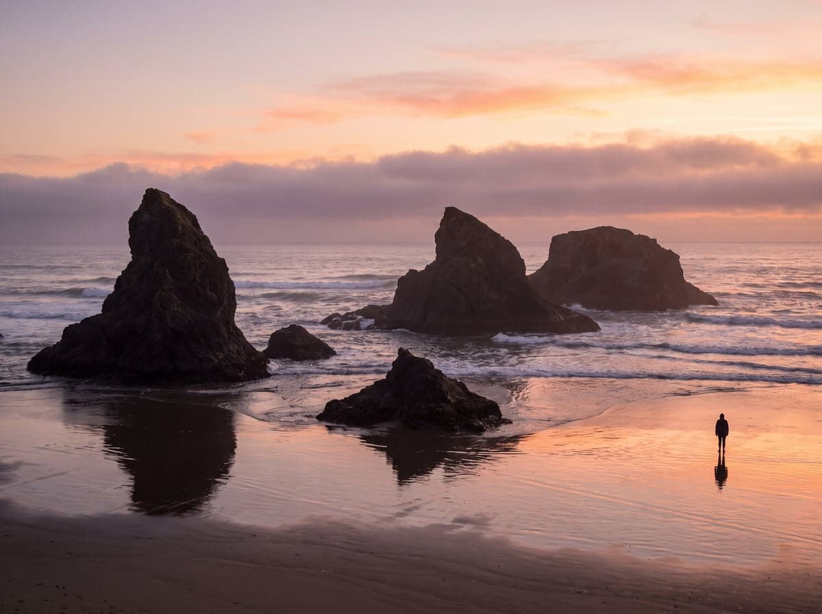 Sea stacks on the Oregon coast at sunset