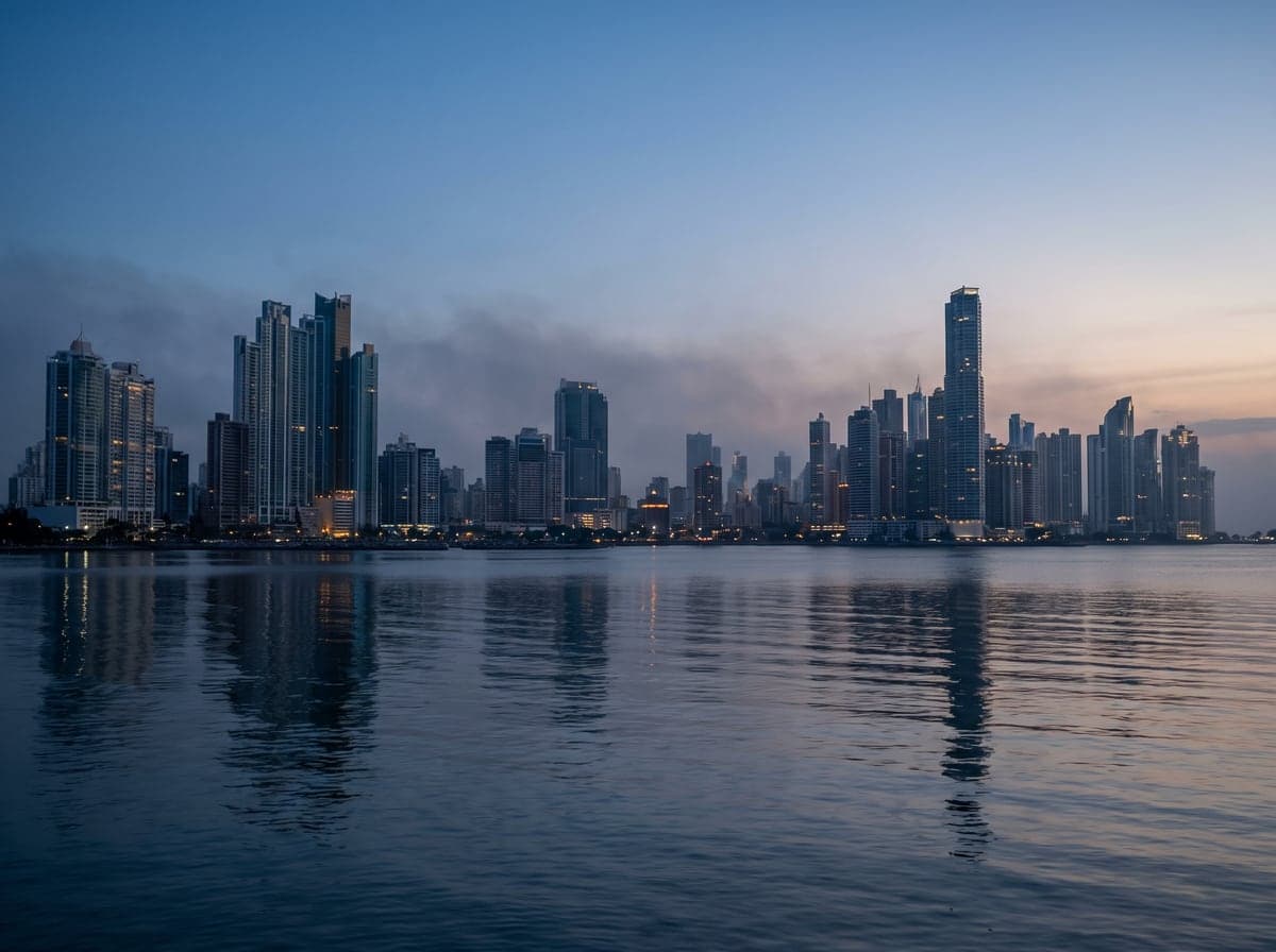 Panama City skyline seen across the bay at dusk
