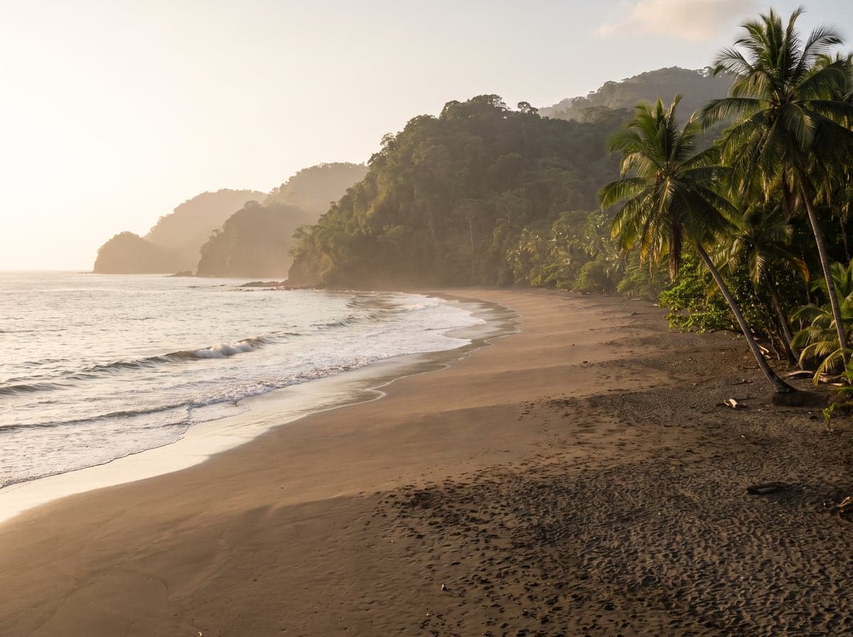Pacific shoreline and rainforest hills at Playa Bonita, Panama