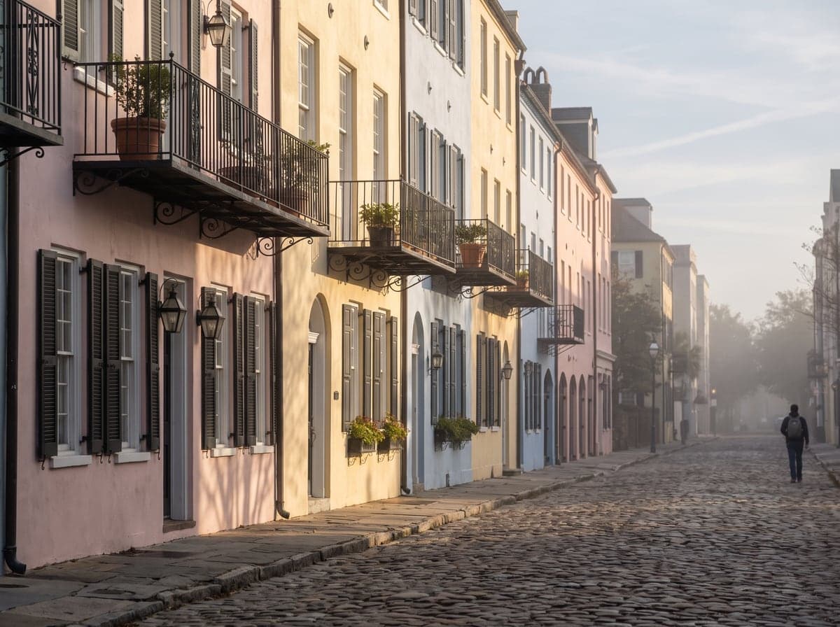 Pastel historic row houses in Charleston, South Carolina