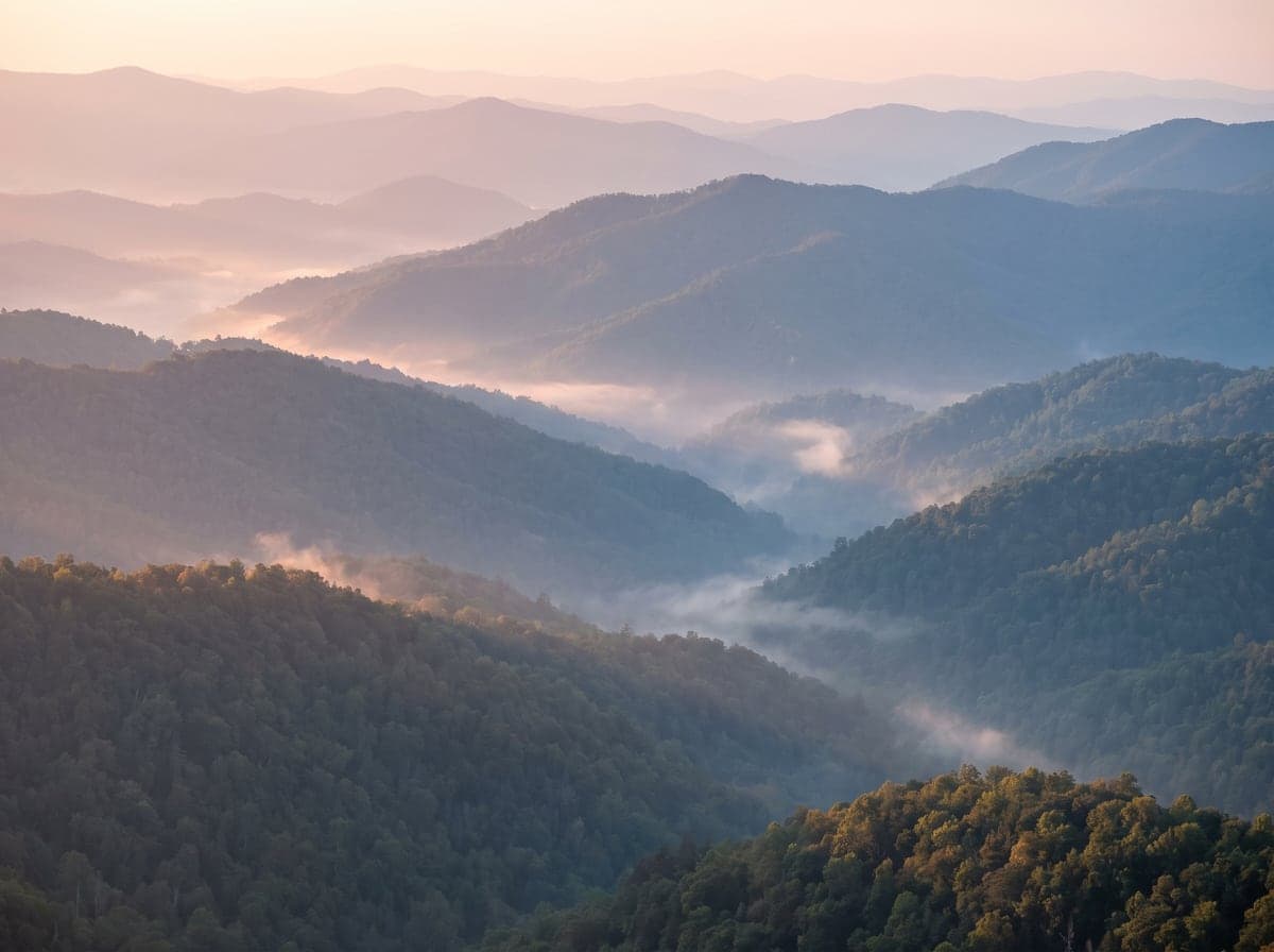 Layered blue ridges of the Great Smoky Mountains at dawn, Tennessee