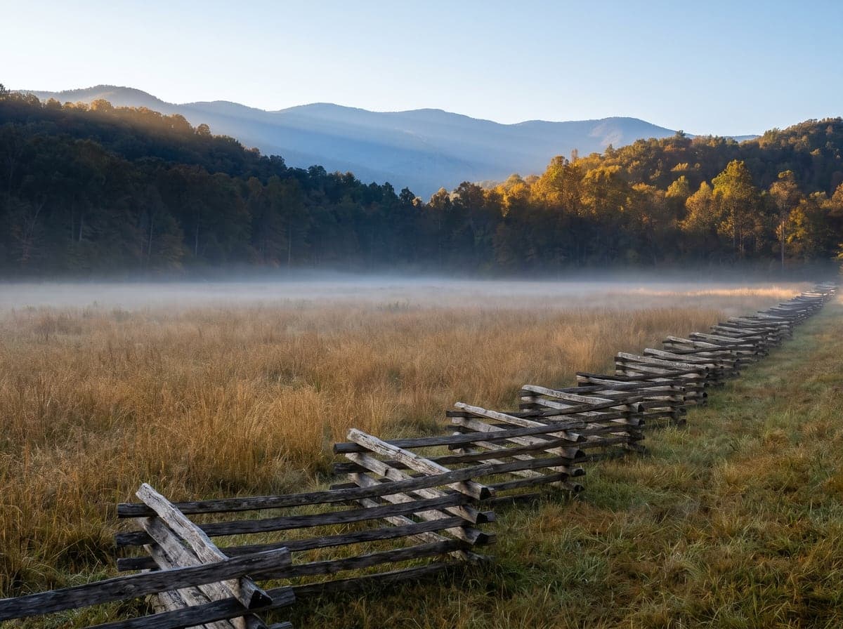 Split-rail fence and morning mist in Cades Cove, Tennessee