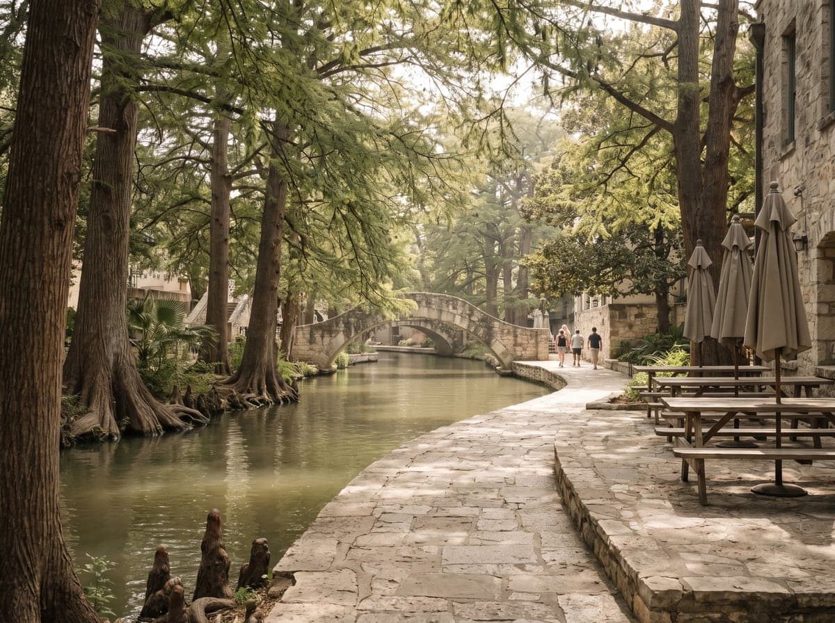 San Antonio River Walk lined with cypress trees and cafes, Texas
