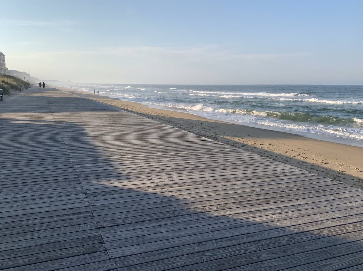 Boardwalk and Atlantic surf at Virginia Beach, Virginia
